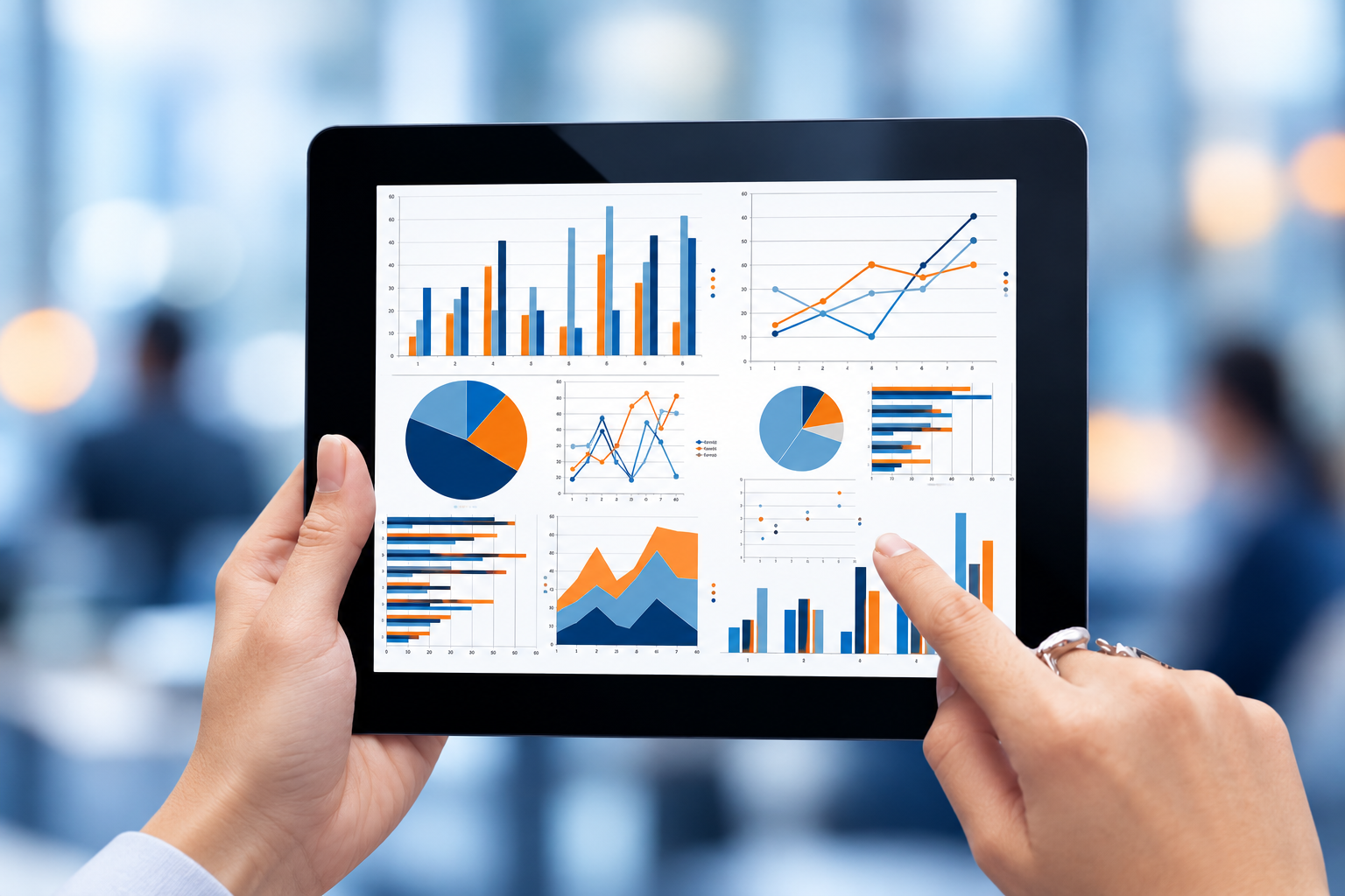 Une tablette affiche des tableaux de bord de gestion aux couleurs Himero