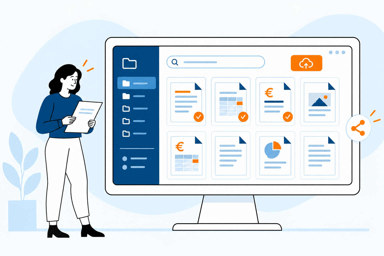 Illustration d’une application GED : dossiers, recherche, dépôt et partage de documents